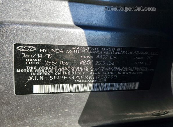 5NPE34AFXKH768730 2019 HYUNDAI SONATA Gray Engine compartment view