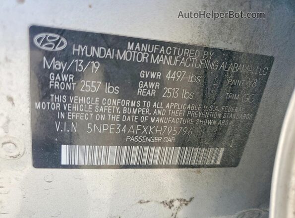 5NPE34AFXKH795796 2019 HYUNDAI SONATA Silver 