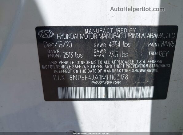 5NPEF4JA1MH103178 2021 HYUNDAI SONATA White Widok komory silnika