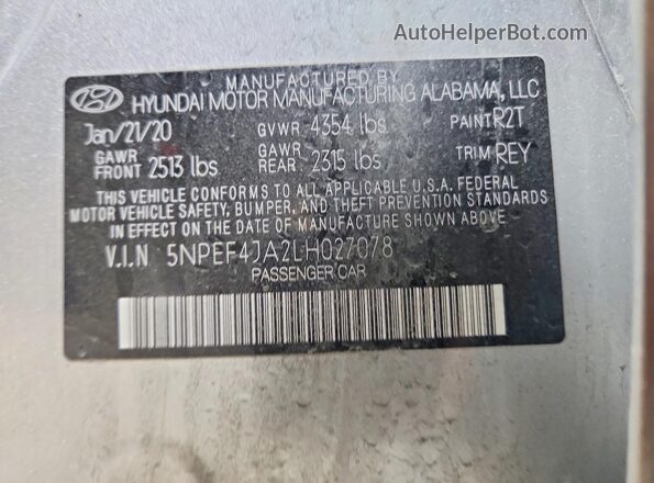 5NPEF4JA2LH027078 2020 HYUNDAI SONATA Silver Vista del compartimento del motor