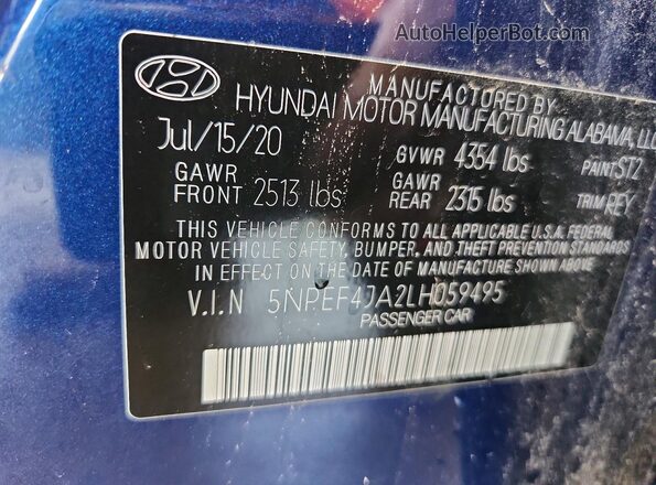 5NPEF4JA2LH059495 2020 HYUNDAI SONATA Blue 