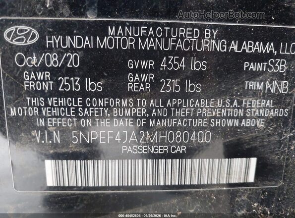 5NPEF4JA2MH080400 2021 HYUNDAI SONATA Black Вид підкапотного простору