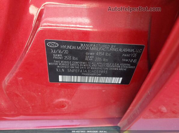 5NPEF4JA3LH059893 2020 HYUNDAI SONATA Red Widok komory silnika