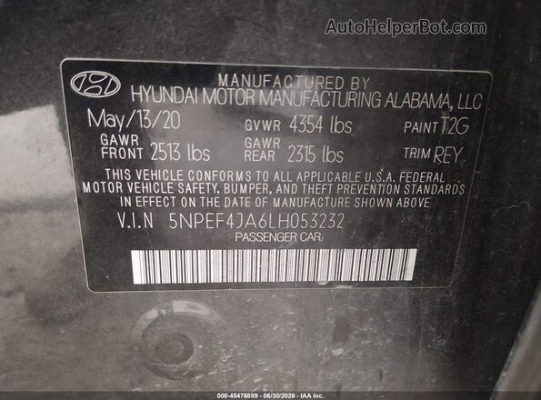 5NPEF4JA6LH053232 2020 HYUNDAI SONATA Gray Շարժիչի բաժամունքի տեսք
