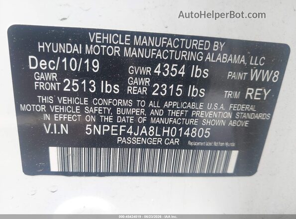 5NPEF4JA8LH014805 2020 HYUNDAI SONATA Белый Вид подкапотного пространства