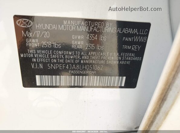 5NPEF4JA8LH051062 2020 HYUNDAI SONATA White 