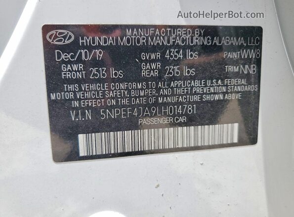 5NPEF4JA9LH014781 2020 HYUNDAI SONATA White ძრავის განყოფილების ხედი