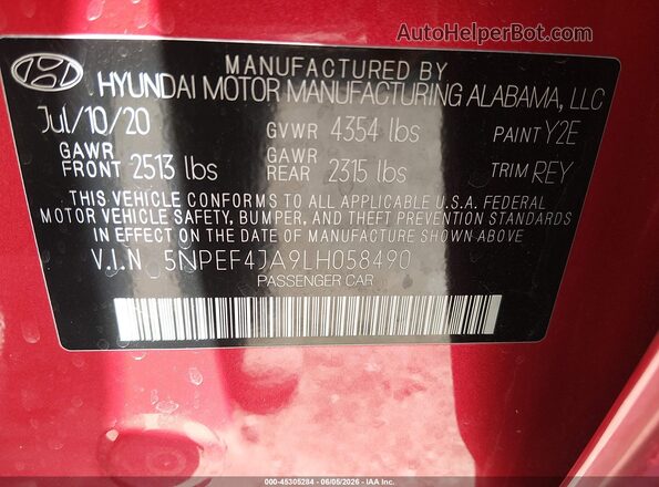 5NPEF4JA9LH058490 2020 HYUNDAI SONATA Red ძრავის განყოფილების ხედი