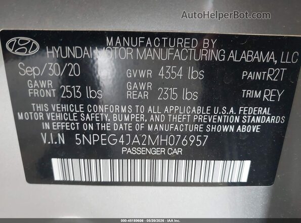 5NPEG4JA2MH076957 2021 HYUNDAI SONATA Silver ძრავის განყოფილების ხედი