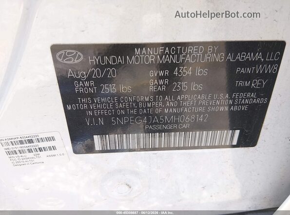 5NPEG4JA5MH068142 2021 HYUNDAI SONATA White Widok komory silnika