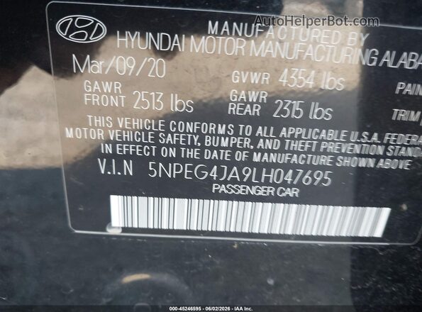 5NPEG4JA9LH047695 2020 HYUNDAI SONATA Черный Вид подкапотного пространства