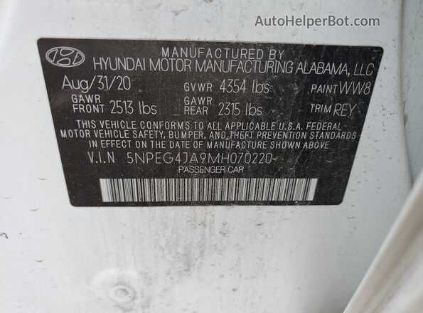 5NPEG4JA9MH070220 2021 HYUNDAI SONATA White Вид наклейки з VIN-кодом
