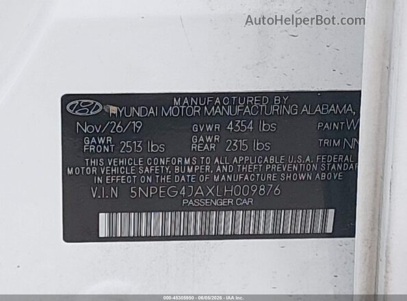 5NPEG4JAXLH009876 2020 HYUNDAI SONATA White Vista del compartimento del motor
