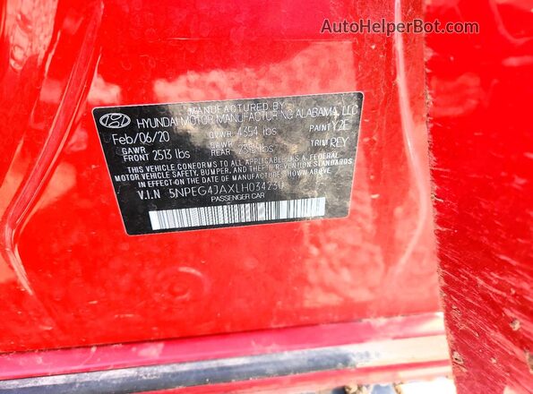5NPEG4JAXLH034230 2020 HYUNDAI SONATA Red ძრავის განყოფილების ხედი