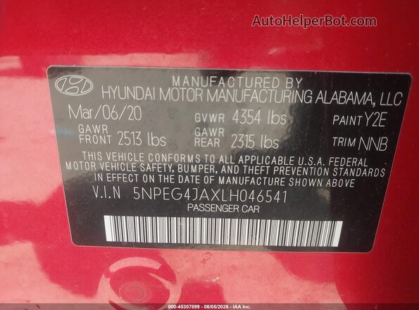 5NPEG4JAXLH046541 2020 HYUNDAI SONATA Red Vista del compartimento del motor