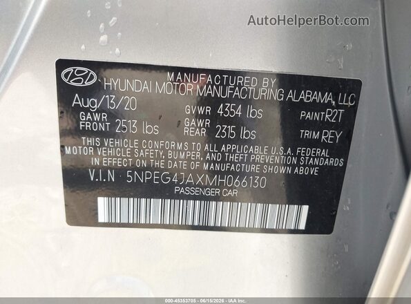 5NPEG4JAXMH066130 2021 HYUNDAI SONATA Silver Շարժիչի բաժամունքի տեսք