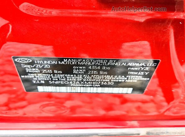 5NPEG4JAXMH073630 2021 HYUNDAI SONATA Red 