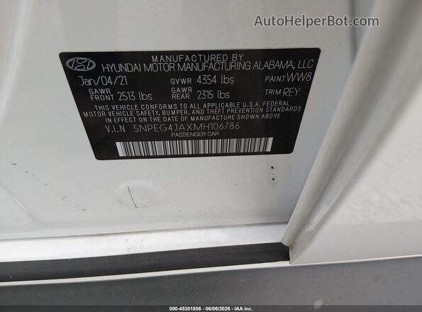 5NPEG4JAXMH106786 2021 HYUNDAI SONATA White Շարժիչի բաժամունքի տեսք