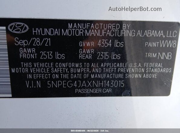 5NPEG4JAXNH143015 2022 HYUNDAI SONATA White Vista del cuadro de instrumentos