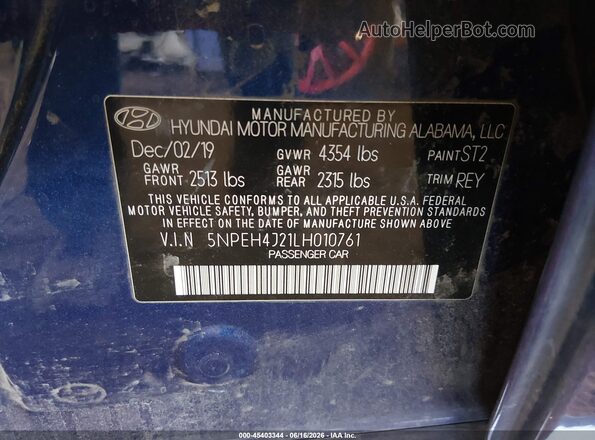 5NPEH4J21LH010761 2020 HYUNDAI SONATA Синий Вид подкапотного пространства