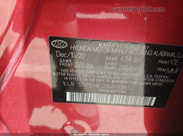 5NPEH4J21MH101451 2021 HYUNDAI SONATA Red Շարժիչի բաժամունքի տեսք