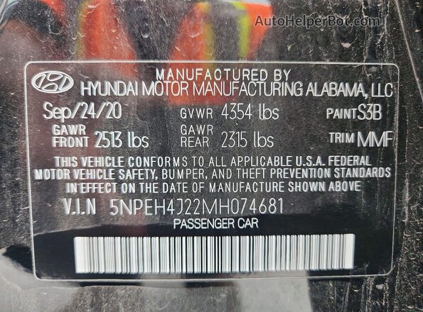 5NPEH4J22MH074681 2021 HYUNDAI SONATA Black Вид підкапотного простору