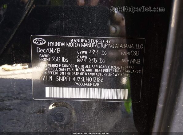 5NPEH4J23LH012186 2020 HYUNDAI SONATA Black 
