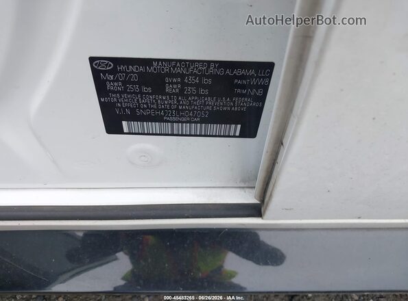 5NPEH4J23LH047052 2020 HYUNDAI SONATA White Widok komory silnika