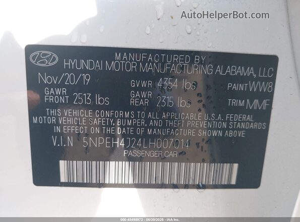5NPEH4J24LH007014 2020 HYUNDAI SONATA White Engine compartment view