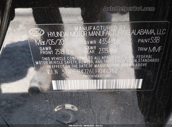 5NPEH4J26LH046252 2020 HYUNDAI SONATA Черный Вид подкапотного пространства