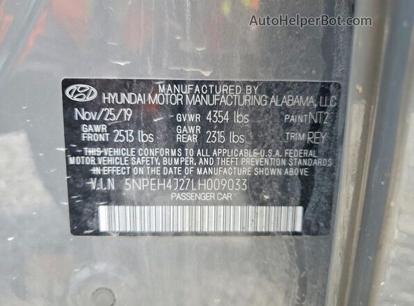 5NPEH4J27LH009033 2020 HYUNDAI SONATA Gray Вид підкапотного простору