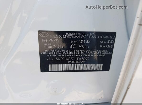 5NPEH4J27LH043053 2020 HYUNDAI SONATA White 