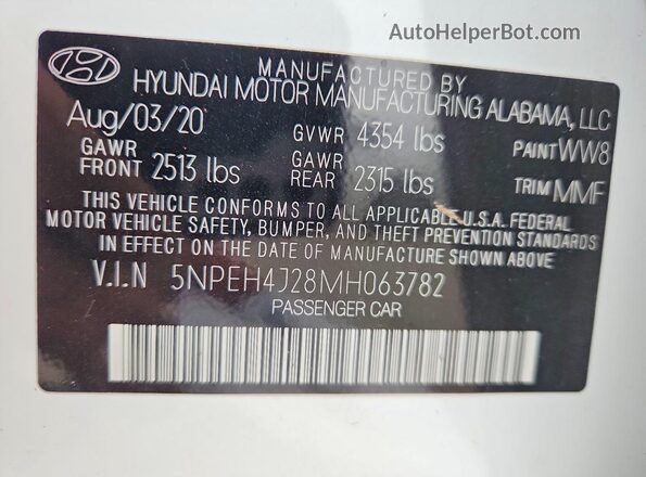 5NPEH4J28MH063782 2021 HYUNDAI SONATA White VIN კოდის სტიკერის ხედი