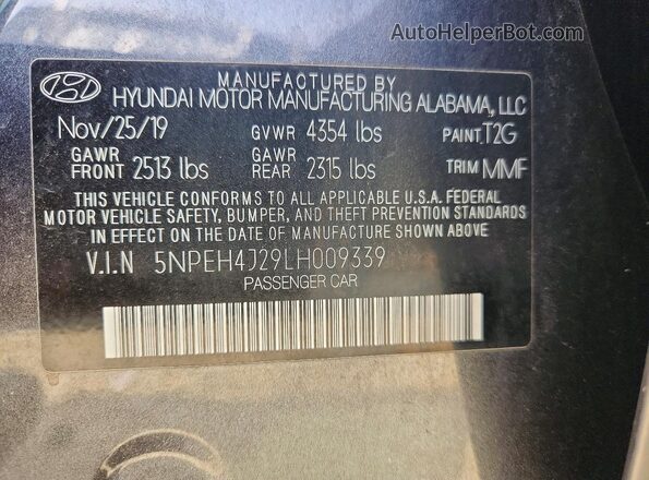 5NPEH4J29LH009339 2020 HYUNDAI SONATA Charcoal 