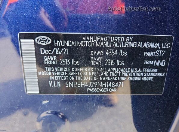 5NPEH4J29NH148471 2022 HYUNDAI SONATA Blue Вид наклейки з VIN-кодом