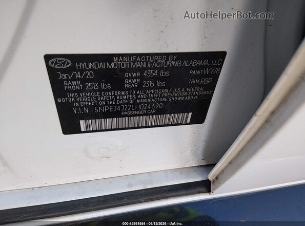 5NPEJ4J22LH024690 2020 HYUNDAI SONATA White Widok komory silnika