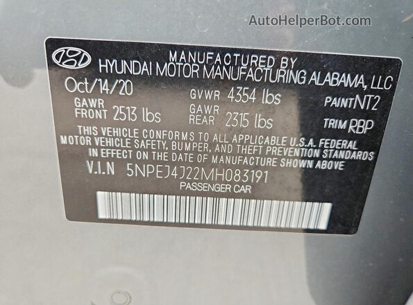 5NPEJ4J22MH083191 2021 HYUNDAI SONATA Gray ძრავის განყოფილების ხედი
