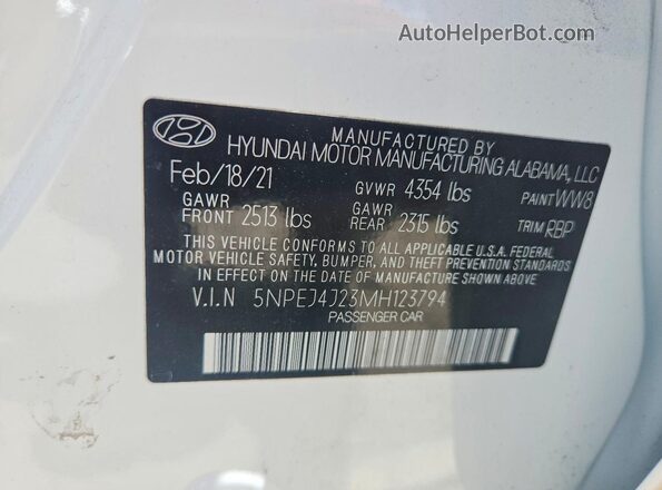 5NPEJ4J23MH123794 2021 HYUNDAI SONATA White 