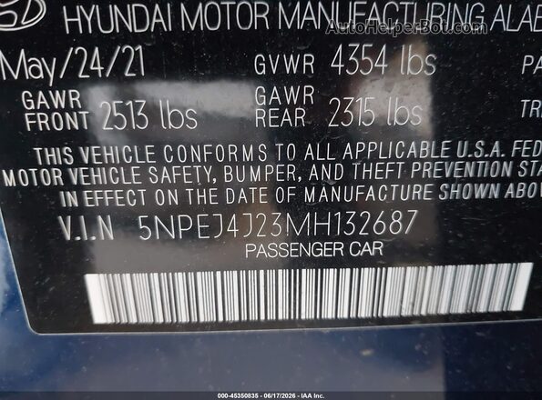 5NPEJ4J23MH132687 2021 HYUNDAI SONATA Синий Вид подкапотного пространства