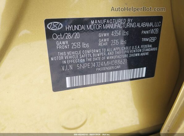 5NPEJ4J24MH088621 2021 HYUNDAI SONATA Yellow ძრავის განყოფილების ხედი