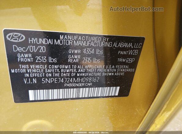 5NPEJ4J24MH098162 2021 HYUNDAI SONATA Yellow Շարժիչի բաժամունքի տեսք