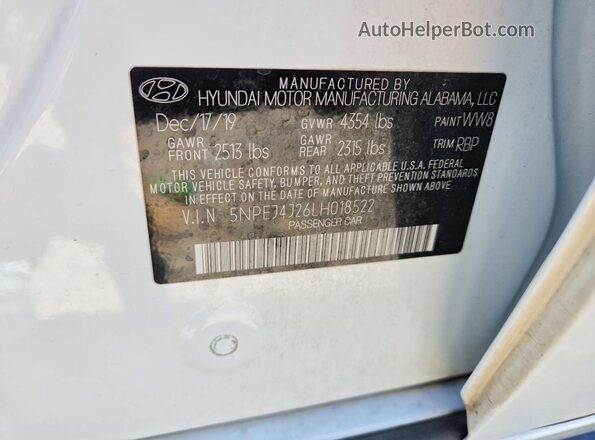 5NPEJ4J26LH018522 2020 HYUNDAI SONATA White ძრავის განყოფილების ხედი