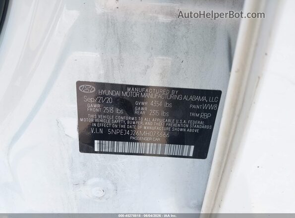 5NPEJ4J26MH073666 2021 HYUNDAI SONATA White Շարժիչի բաժամունքի տեսք