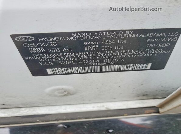 5NPEJ4J26MH083016 2021 HYUNDAI SONATA White ძრავის განყოფილების ხედი