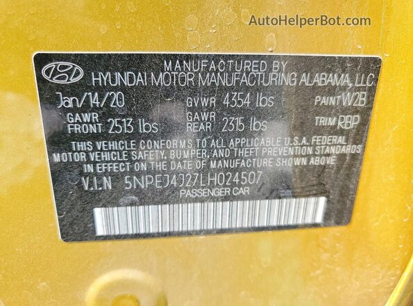 5NPEJ4J27LH024507 2020 HYUNDAI SONATA Gold VIN կոդի պիտակի տեսք