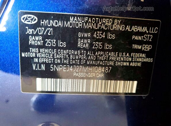 5NPEJ4J27MH108487 2021 HYUNDAI SONATA Blue 