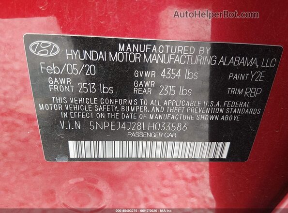 5NPEJ4J28LH033586 2020 HYUNDAI SONATA Red Շարժիչի բաժամունքի տեսք