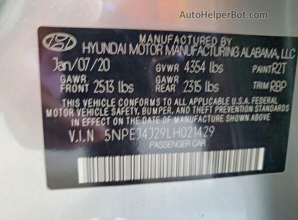 5NPEJ4J29LH021429 2020 HYUNDAI SONATA Silver ძრავის განყოფილების ხედი