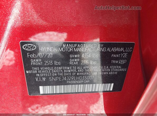 5NPEJ4J29LH035007 2020 HYUNDAI SONATA Red Engine compartment view