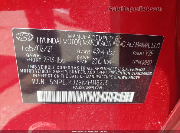 5NPEJ4J29MH118213 2021 HYUNDAI SONATA Red Շարժիչի բաժամունքի տեսք